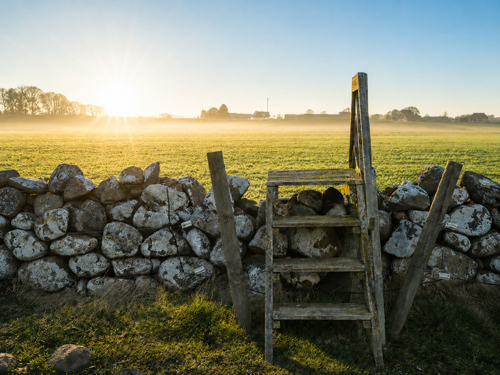 A wooden stile over a dry-stone wall at golden hour, the sun low above wide open fields